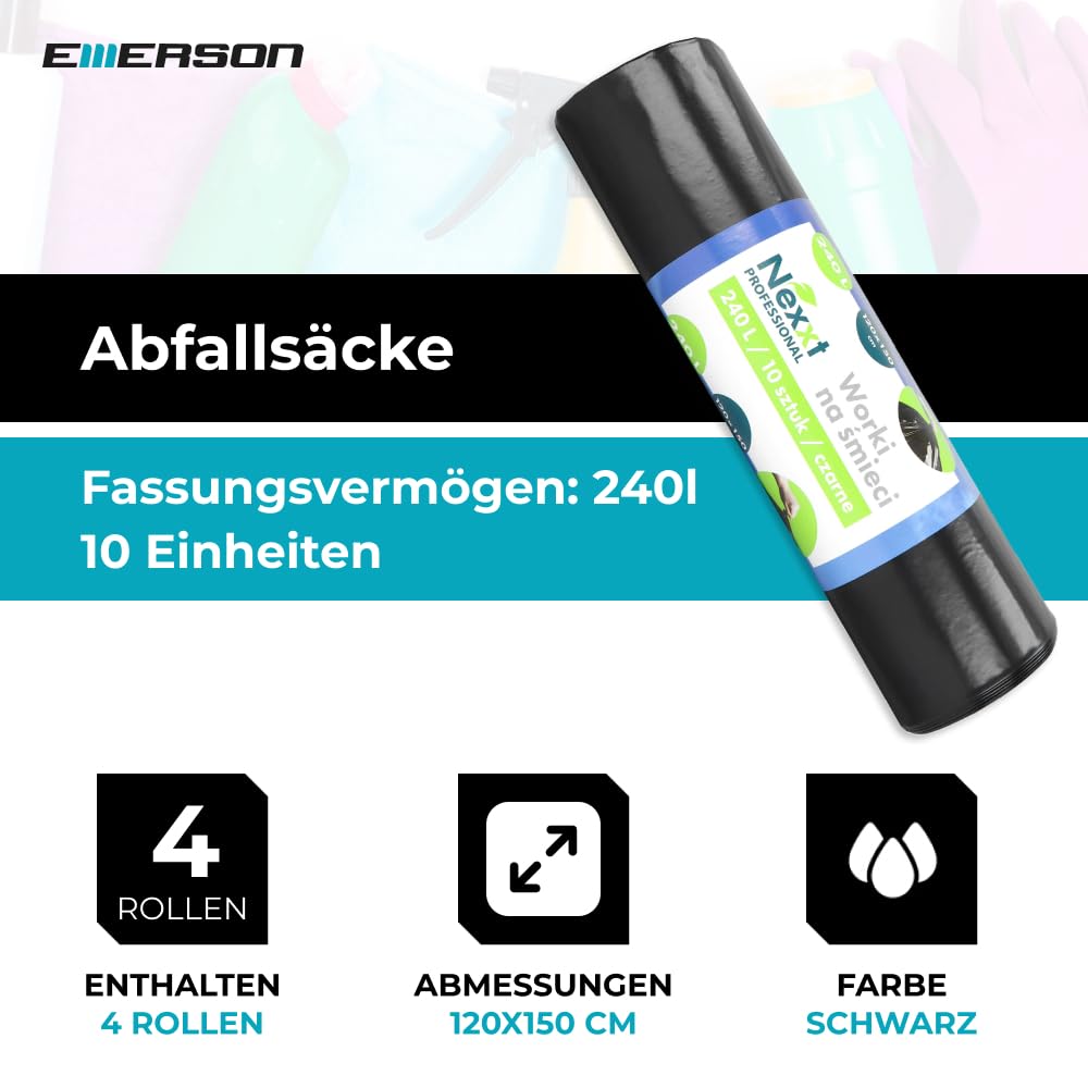 Emerson 40 sacchi per la spazzatura antistrappo, sacchi per rifiuti extra forti, confezione da 4 ruote nere, capacità 240 l, 120 x 150 cm, stabili sacchetti per la spazzatura in pellicola riciclata
