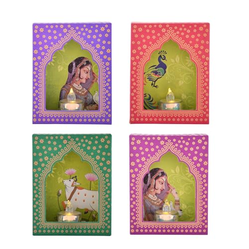 Image of Diwali Decoration Items- Set of 12 LED Jharakho Diya Box, LED candles Wall Hanging Home Decor,Diwali Decor Festive Decor Items, DIY Craft Traditional Jharokha Box for Hanging