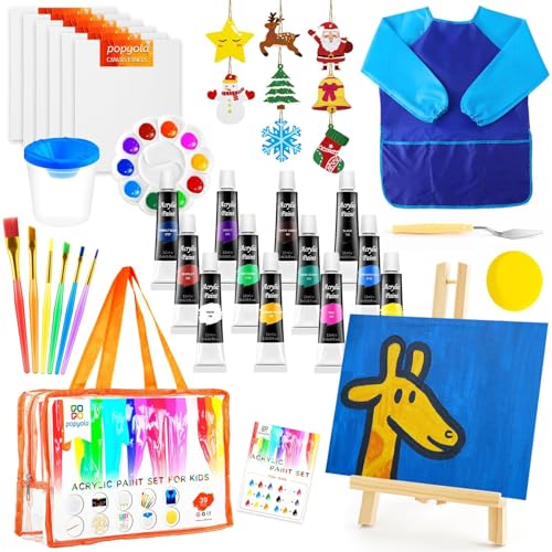 POPYOLA Acrylic Paint Set for Kids, Non Toxic Kids Painting Set with Tabletop Easel, Acrylic Paints, Smock, Canvases, Wooden Stencils, Brushes, Painting Kit Gift for Beginner Student Toddlers