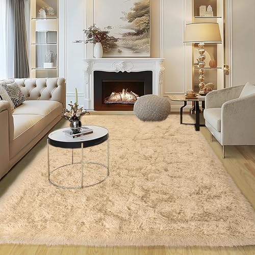 KING DARE Area Rug for Bedroom Beige Rugs, 5x7 Fluffy Soft Shaggy Plush Fuzzy Furry Floor Carpet Washable Non-Slip Modern Rugs for Living Room Dorm Girls Boys Room Aesthetic Decor