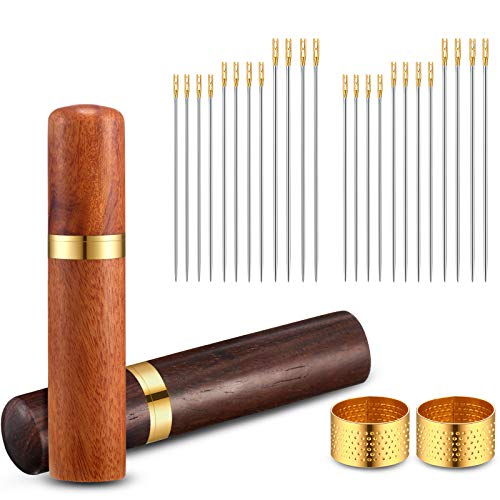 2 Pieces Wood Needle Holder Sewing Needle Tubes Toothpick Storage Box 24 Pieces Sewing Needles Gold Tail Blind Needles Self Threading Needles 2 Pieces Copper Sewing Thimbles for Stitching Embroidery