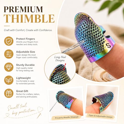 Image of Thimbles for Hand Sewing, Sewing Thimble Kit, Metal Finger Protectors, Thimble Ring for Hand Quilting and Embroidery(Colorful,2Pcs,Small)