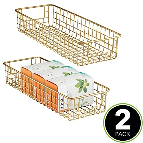 Mdesign Shallow Metal Wire Basket For Storage Pantry - Kitchen Organization Basket With Handles - Bin Basket For Organizing Cabinets Or Countertop, Concerto Collection, 2 Pack, Soft Brass #TOP1