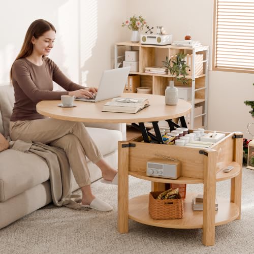 ELUCHANG Mesa de Centro Redonda Elevable y Extensible 2 en 1 para Salón y Oficina, Mesa de Cafe con Espacio de Almacenamiento de 2 Niveles, Madera en Color Natural, 80x80cm