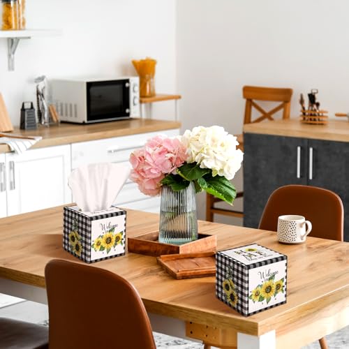 Image of Fourluoo 12 Pack Summer Sunflower Plaid Tissue Cube Boxes 600 Sheets 3 Ply | Black and White Buffalo Plaid Sunflower Design Face Tissues Bulk for Car Bedroom Office, Disposable Supply, Cube Holders