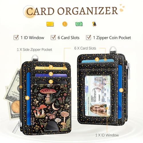 Image of Kelvoris Mushrooms Credit Card Holder Small Wallet Women, Moon Slim RFID | Keychain, Zipper Coin Pocket, Front Pocket Thin Travel Card Case, Minimalist, 6 Card Slots, 1 ID Window, Ladies Gifts Woman