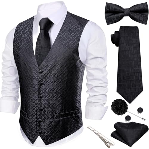 Image of Barry.Wang Men's Suit Vest Tie Bowtie Set Formal Silk Paisley Waistcoat Hanky Cufflinks Lapel Pin Set Wedding Party 7PCS