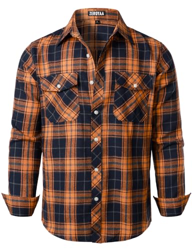ZEROYAA Men's Casual Regular Fit Button Up Flannel Checked Plaid Shirts with Pockets3