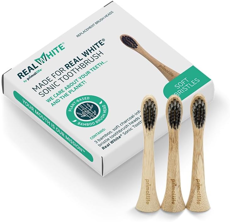 Primal Life Organics - Replacement Real White Sonic Brush Heads, Bamboo Charcoal Infused Brush, eco-Friendly, Non-GMO, it is Recycled (3 Brushes)