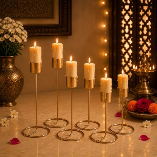 Image of (Set of 6) Gold Metal Taper Candle Holder - Decorative Modern T-Light Stand for Home Decor, Table Centerpiece, Wedding & Festival Decoration, Elegant Golden Stick Holders