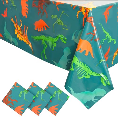 Image of BLUE PANDA Dinosaur Tablecloths for Birthday Party - 54 x 108 in, Green, Pack of 3, Disposable Plastic - Dinosaur Birthday Tablecloth - Disposable Table Covers for Baby Shower Decor