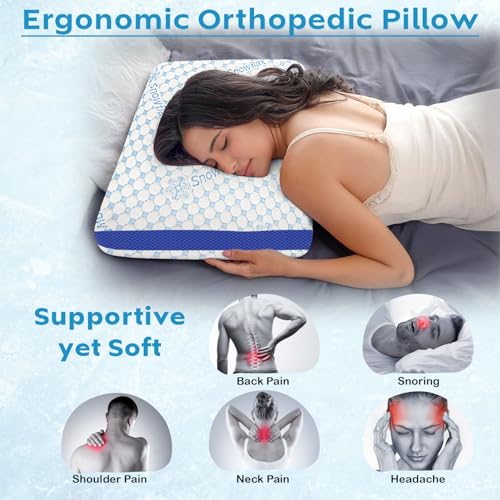 Image of AYKA Cooling Memory Foam Pillow For Neck & Shoulder Pain | Neck Orthopedic Pillow For Sleeping, Pain Relief & Spinal Alignment | Ergonomic Design | 2 Years Warranty (Set of 2),White & Blue
