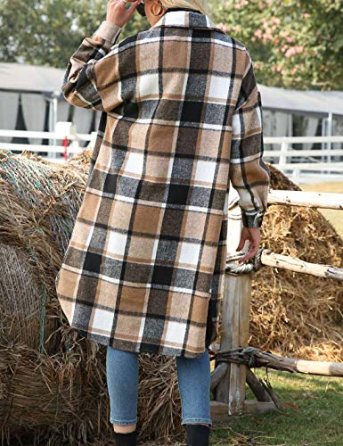Himosyber Women's Casual Plaid Lapel Woolen Button Up Pocketed Long Shacket Coat(Brown-L) #TOP3