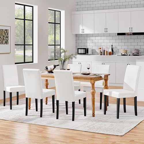 Image of Yaheetech Dining Chairs Set of 6 Faux Leather Modern Dining Room Chairs with Rubberwood Legs and Padded Seat for Kitchen /Living Room /Restaurant, White