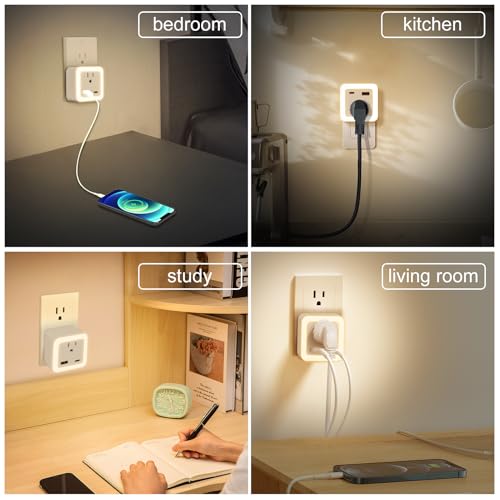 Image of JackonLux Night Lights Plug Into Wall 4 Pack Rechargeable Battery Backup Light Dusk to Dawn Sensor Night Light with Outlet Expander for Adults Kids Bedroom, Kitchen, and Bathroom