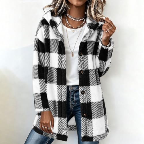 AUEZOIC Fleece Jacket for Women Hooded Plaid Sweatshirt Fuzzy Hoodie Jacket - image 3