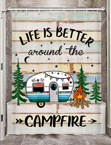 JAWO Camper Shower Curtain for Travel Trailer RV Shower Curtain for Camper Size Farmhouse Camping Bath Curtains Hooks Included(47 W X 64 H) Multi