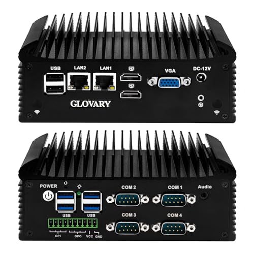 Glovary F2 Fanless Mini PC N150, Barebone, 2 LAN 4 COM Industrial PC, 2HD VGA Micro Ordenador de Escritorio Office, 10 Pin GPIO, 4USB3.0, 2USB2.0, W11 Pro, Auto Power On