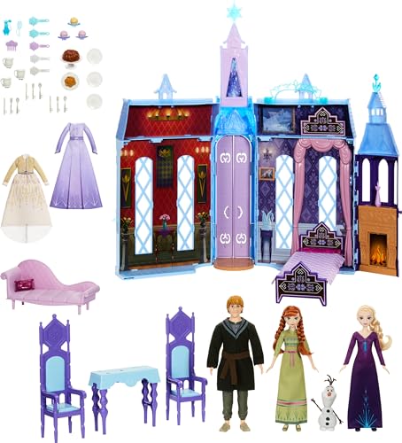 Image of Mattel Disney Frozen Dolls & Doll House, Ultimate Arendelle Adventure Portable Castle (2+ ft) with 3 Fashion Dolls, Olaf Figure & 25+ Accessories