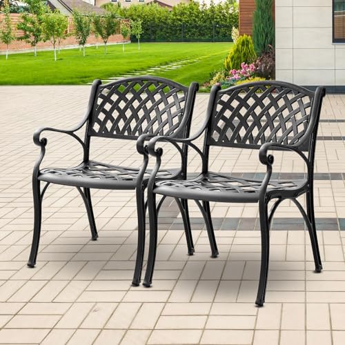 PATIO-IN 2 Piece Outdoor Cast Aluminum Dinning Chairs, Patio Bistro Chair Set with Armrests, Patio Dinning Chairs for Patio Furniture Garden Deck (Black)
