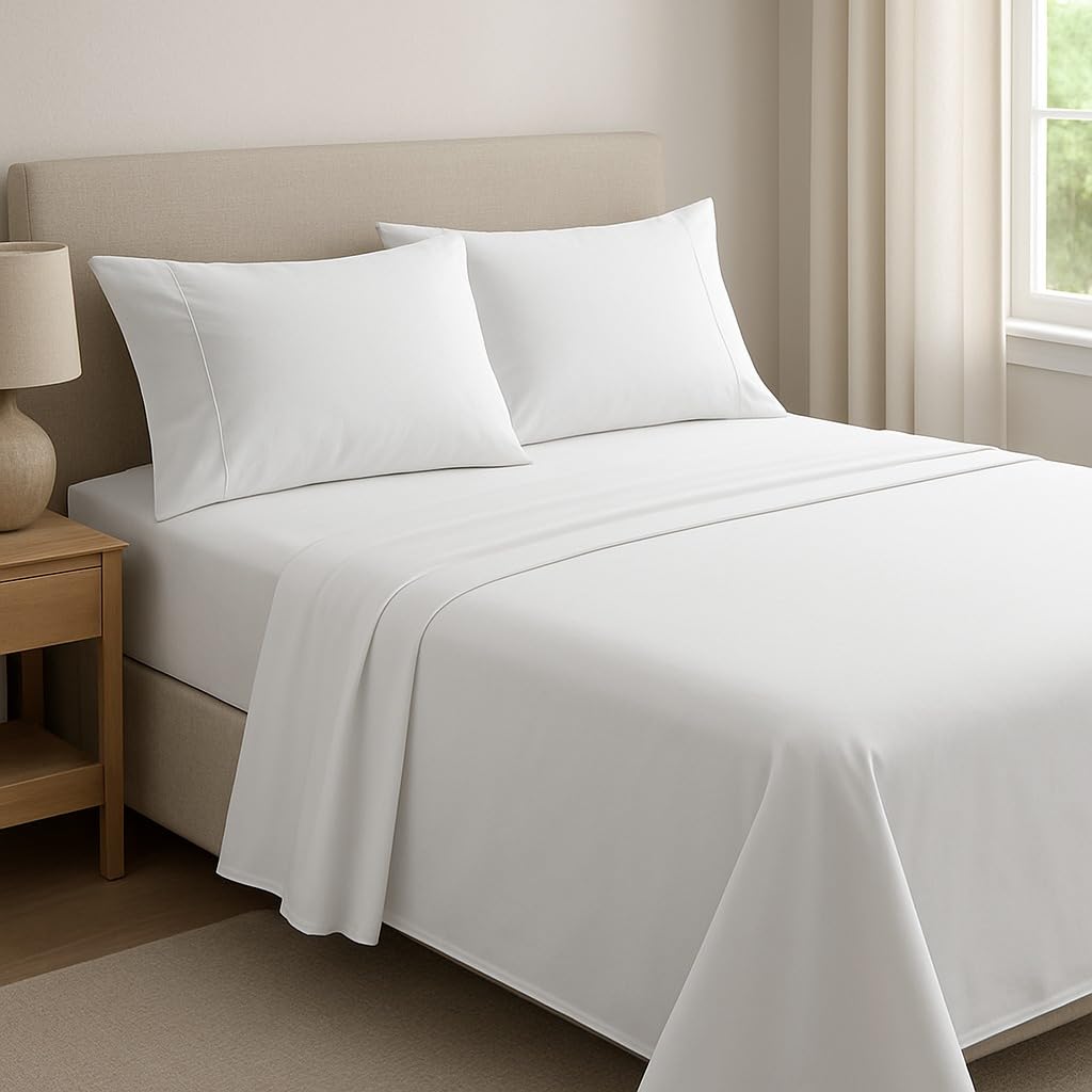 Dreema Novexa 4Pcs 100% Egyptian Cotton Small Double Bed Sheet Set โ 1 Fitted Sheet, 1 Flat Sheet & 2 Pillowcases โ 400 Thread Count, 40cm Deep, Wrinkle Resistant, Hotel Quality White Bedsheets
