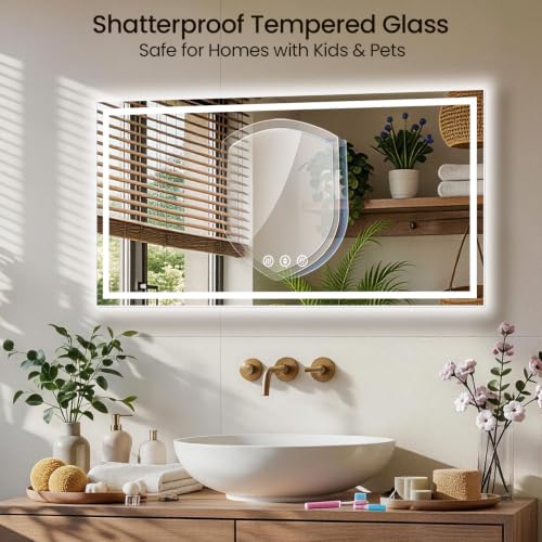 Image of 48x30 LED Bathroom Mirror with Anti-Fog, Backlit & Front Lights, Memory | Dimmable 3 Color CRI 95+ Shatterproof Tempered Glass ETL Listed for Safety Lighted Bathroom Vanity Mirror for Wall