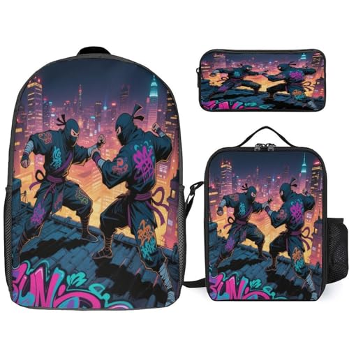 Printed Backpack With Lunch Pack Storage Box Case Ninja Duel 3pcs Lightweight Travel Backpack