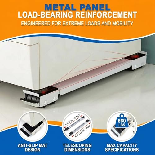 Image of Heavy Duty Adjustable Appliance Rollers | Extendable Washing Machine Trolley & Fridge Stand with 24 Wheels | Anti-Slip Furniture Mover Base with Brake Lock (Up to 300 KG Capacity)
