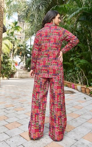Image of KESUDI Women's Printed Co-ord Set | Multicolour Ethnic Pattern Co-ord Set | Long Sleeve Shirt with Wide-Leg Trousers Co-ord Set
