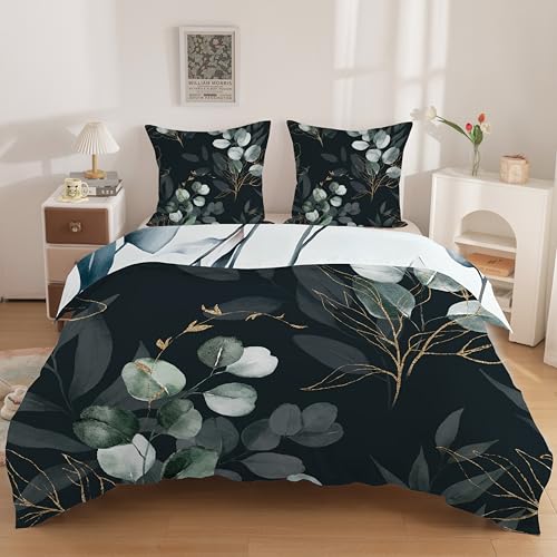 HYSNKSM Housse de Couette 220x240 Adulte Microfibre Parure 2 Personnes 3 Pièces Noir 2 Taies d'oreiller 65x65 cm Feuilles D'Eucalyptus Literie Confortable...