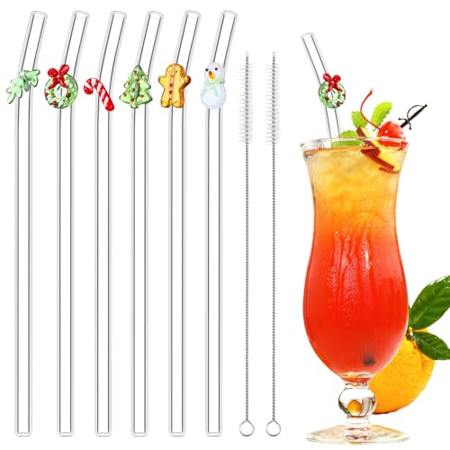 Meanplan 6 Pcs Christmas Glass Straws with Design Christmas Tree Gingerbread Man Candy Canes Leaves Reusable Shatter Resistant Clear Bent Straws with 2 Cleaning Brush for Drinks Cocktail Beverages by Meanplan - Used condition - US$10.49
