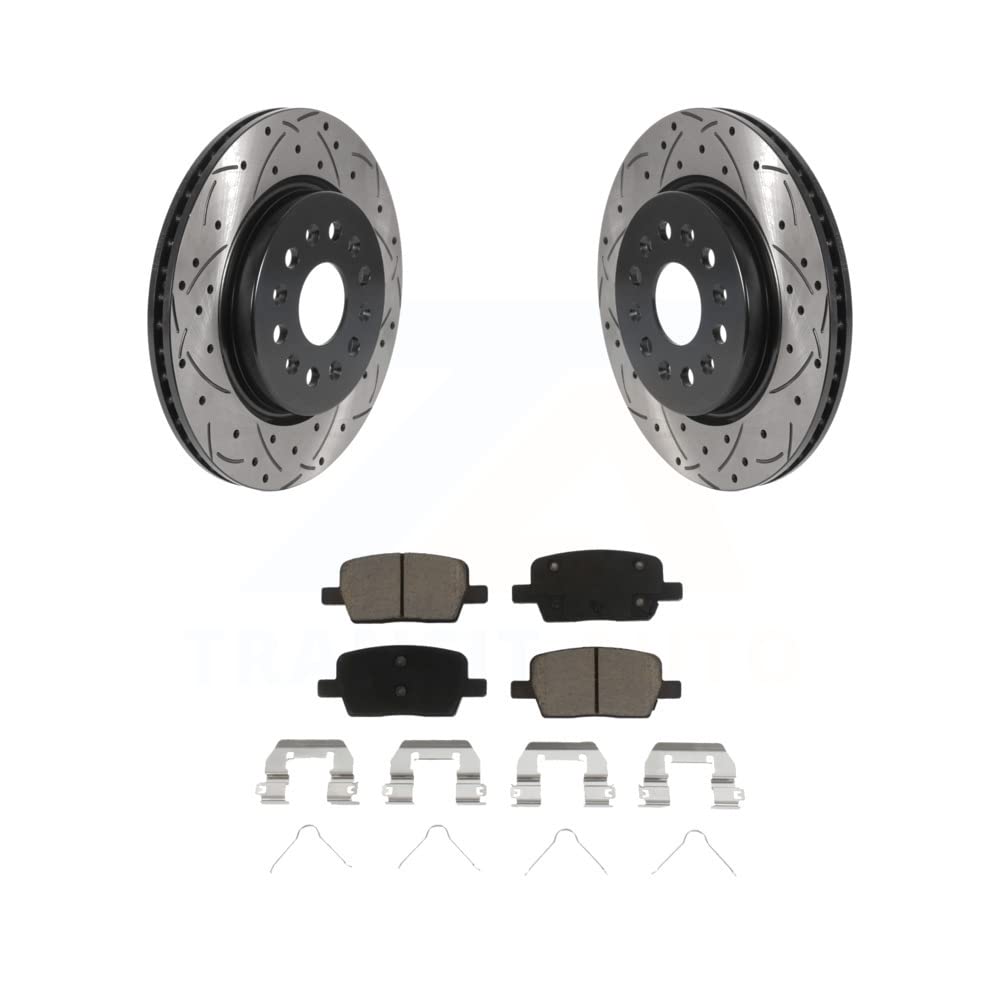 Transit Auto - Rear Coated Drilled Slotted Disc Brake Rotors And Ceramic Pads Kit For Chevrolet Traverse GMC Acadia Cadillac XT5 Buick Enclave Blazer XT6 KDC-100785