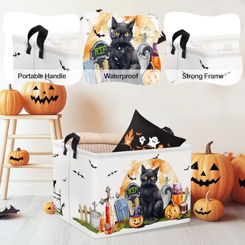 Image of Clastyle Large Spooky Halloween Baby Gift Basket Stuffers Boy Girl Pumpkin Bat Graveyard Boo Nursery Bin Kid Book Toy Box Collapsible Clothes Organizer for Bedroom,Cat,40 * 30 * 30 cm