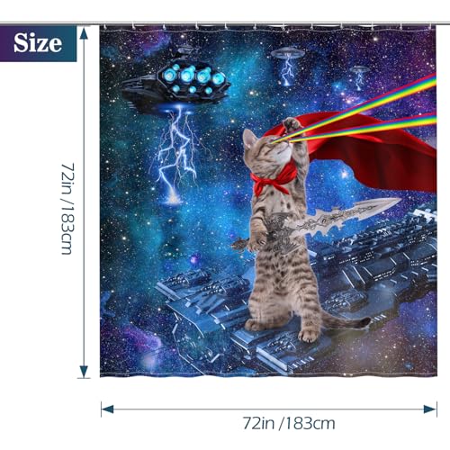 Image of Aimego Funny Cat Shower Curtains for Bathroom - Cool Cute Cat on Fantasy Outer Space Galaxy Universe UFO Fun Shower Curtain Set with 12 Hooks for Adults Kids Bathroom Decor Accessories, 72 inchx72 inch