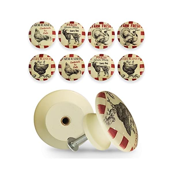 Retro Kitchen Cabinet Knobs, Checkered Animal Drawer Pulls, Rustic Tan Cabinet Handles, Vintage Brass & Wood Handle, Set of 8 Dresser Knobs for Closet & Doors, Bathroom, Bedroom or Drawer Knobs