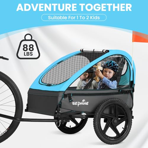 Image of Sepnine Kids Bike Trailer, Suitable for 1 to 2 Kids, 12+ Months, Quick Attach to Bike, Foldable, with 5-Point Harness and Storage Bags