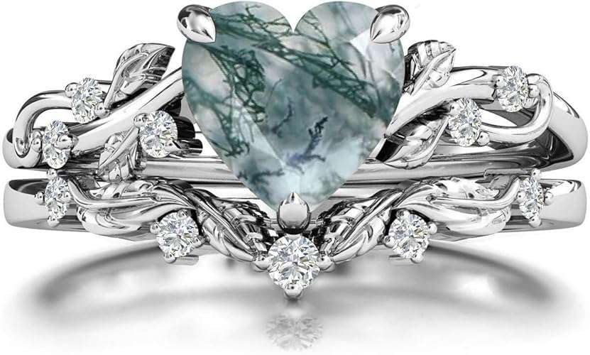 Ticon Starling Silver Heart Gemstone Engagement Ring Set for Women Leaf Art Deco Ring Set Heart Cut Vintage Vine Gemstone Bridal Wedding Promise Ring Set Size4~15