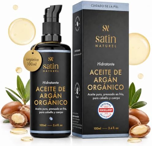 Satin Naturel Aceite de Argán Bio Prensado en Frío 100 ml | Aceite 100% Puro Prensado en Frío, Cuidado para Cabello, Piel, Uñas y Barba, Ideal para Cabello Seco