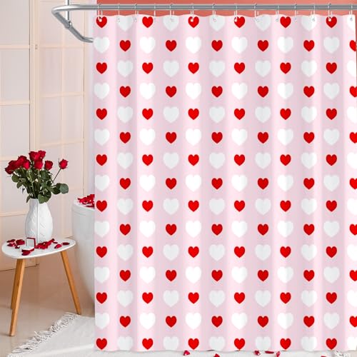 YIDAKO 71 x 71 Inches Valentines Shower Curtain Red and White Love Heart Theme Romantic Bathroom Curtain Waterproof Polyester Curtain with Hooks Set for Valentines Bathroom Decorations