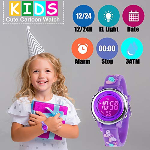 Kids Watch 3D Cartoon Toddler Wrist Digital Watch Waterproof 7 Color Lights with Alarm Stopwatch for 3-10 Year Boys Girls Little Child (Butterfly B-D Purple)3