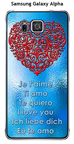 Coque Samsung Galaxy Alpha design Fond bleu coeur rouge, Ti amo