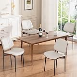 REONEY Dining Chairs Set of 4, Mid-Century Modern Upholstered PU Leather Chairs with Walnut Bentwood Back and Metal Legs Adjustable Feet for Kitchen Dining Room, Off-White Shell Strips