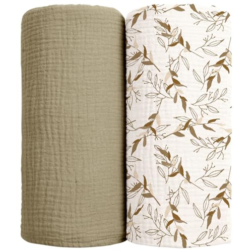 Image of lulumoon Muslin Swaddle Blankets for Baby: Cotton & Soft Receiving Blanket for Newborn with Branche Printed- Neutral Gift for Baby Shower 2pack(Olive Branche)