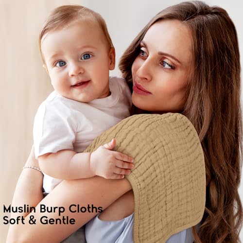 Image of Unnivoll Muslin Burp Cloths for Baby 100% Cotton Burping Cloths for Boys Girls Large 20''X10'' Extra Soft and Absorbent 12 Pack - Gradient Khaki