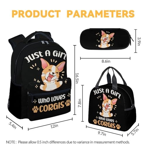 Corgi Backpack with Lunch Box - Set of 3 School Backpacks Matching Combo - Soft Portable Black Bookbag and Pencil Case Bundle4