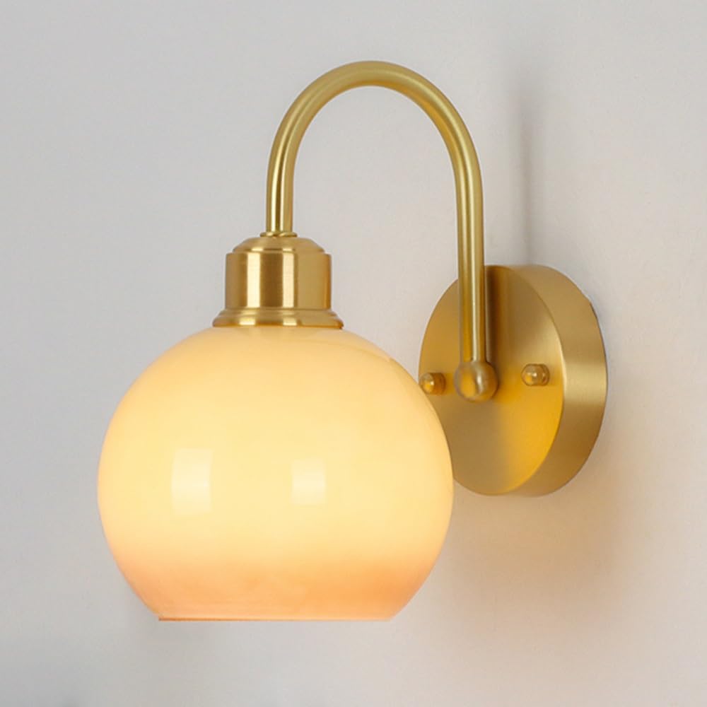 SMCCYYSD Copper Wall Sconce with Orange Glass Globe, Mid-Century Modern Light, Bathroom Vanity Lamp E27 Socket Fixture for Bedroom Living Room Hallway Restaurant(A)