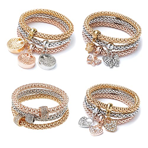 12PCS Gold/Silver/Rose Gold Corn Chain Bracelet Crystal Multilayer Butterfly Heart circle Life tree locket Charming Stretch Bracelet for Women SZ06