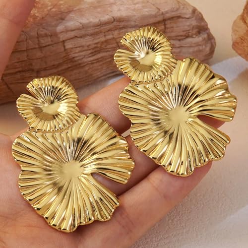 Gold Flower Earrings for Women – Chunky Statement Dangle Earrings, Hypoallergenic Lightweight Stainless Steel Jewelry, Elegant Bold Earrings for Party, Wedding, Gift4