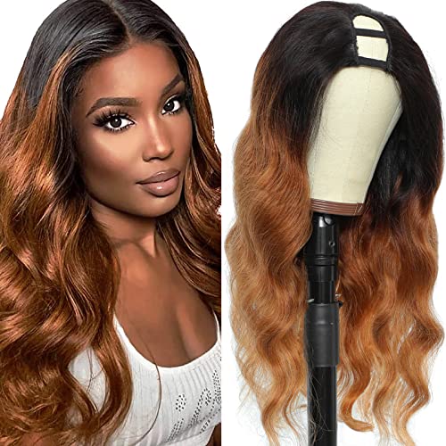 Haha Body Wave Ombre U Part Wig Human Hair Ombre Wigs For Black Women Brazilian Virgin Hair 2x4 U Shape Clips in Half Wig Glueless 1B/30 Ombre Brown 20 Inch 180% Density