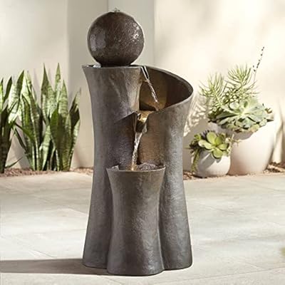 Modern Sphere Curve Zen Outdoor Floor Bubbler Water Fountain 39 1/2" High with LED Light Cascading for Garden Patio Yard Deck Home Lawn Porch House Relaxation Exterior Balcony - John Timberland